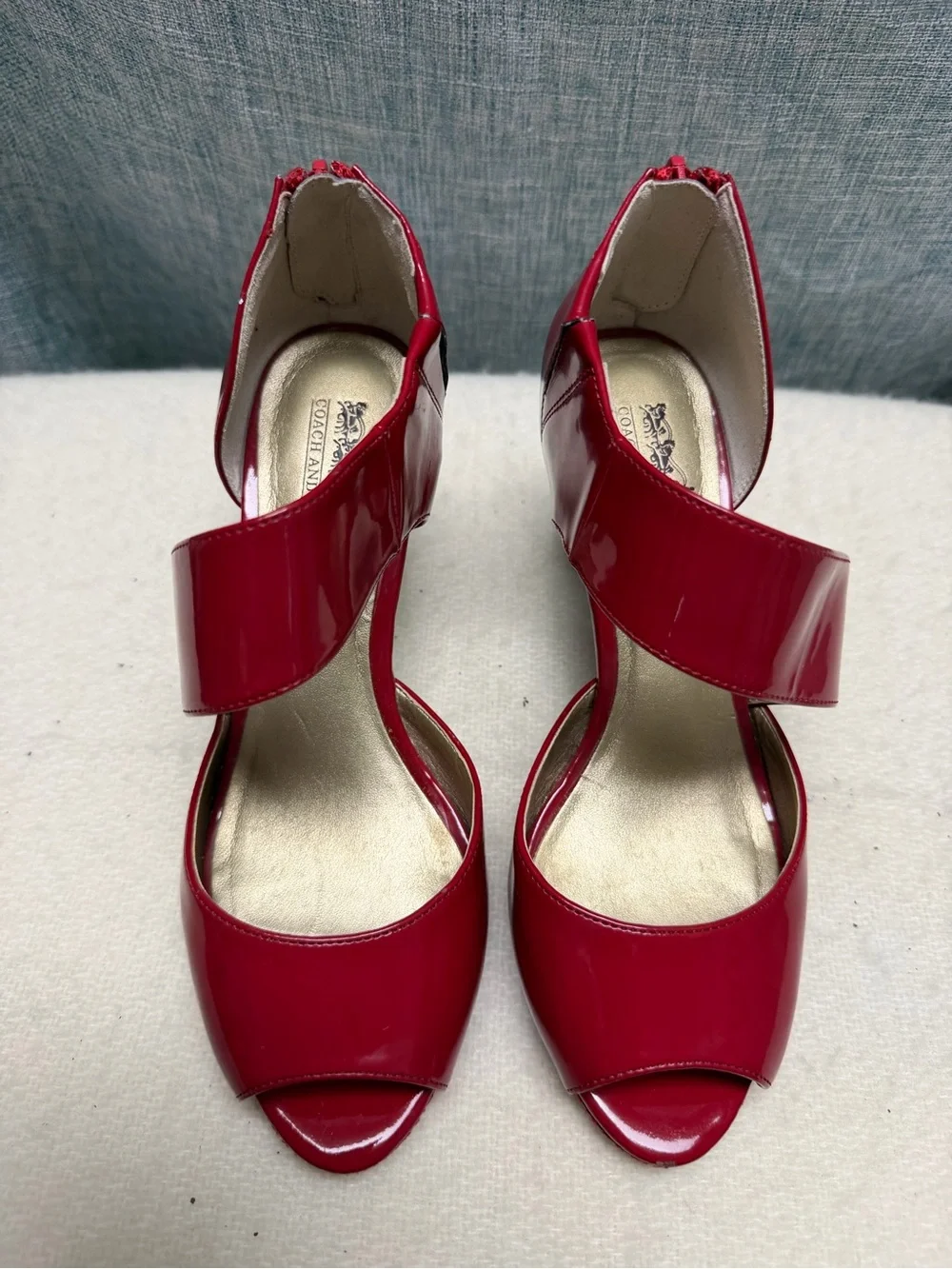 Coach Red Patent Leather Peep-Toe Heels with Wide Strap